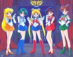  5girls aino_minako arms_behind_back back_bow bishoujo_senshi_sailor_moon bishoujo_senshi_sailor_moon_r black_eyes black_hair blonde_hair blue_bow blue_eyes blue_sailor_collar blue_shoes blue_skirt boots bow brooch choker circlet closed_mouth crescent crescent_earrings crystal_star_(sailor_moon) curtains double_bun earrings full_body full_moon gloves goto_p green_choker green_eyes green_sailor_collar green_shoes green_skirt hair_bobbles hair_bow hair_bun hair_ornament hand_up hands_on_own_hips hands_up high_heel_boots high_heels high_ponytail hino_rei inner_senshi jewelry kino_makoto knee_boots leotard long_hair looking_at_viewer magical_girl miniskirt mizuno_ami moon multiple_girls night open_mouth orange_choker orange_sailor_collar orange_shoes orange_skirt pleated_skirt ponytail purple_bow red_bow red_choker red_sailor_collar red_shoes red_skirt revision sailor_collar sailor_jupiter sailor_mars sailor_mercury sailor_moon sailor_senshi_uniform sailor_venus shoes short_hair signature skirt smile standing star_(symbol) star_earrings tsukino_usagi twintails v very_long_hair white_gloves white_leotard 