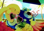  alternate_color berry_(pokemon) commentary_request drinking_straw heart heart-shaped_eyewear nanab_berry no_humans omega_takai one_eye_closed outdoors palm_tree pinap_berry pokemon pokemon_(creature) shiny_pokemon shuckle solo sunglasses tree 