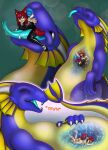 absurd_res animal_humanoid anthro blue_body blue_insides bodily_fluids clothing dragon duo female feral forked_tongue green_eyes hair herm hi_res humanoid inside_stomach internal intersex intersex/female joooon macro micro mythological_creature mythological_scalie mythology oral_vore organs red_hair saliva saliva_string scalie shrinking size_difference size_transformation stomach tongue transformation umiriko vore wardrobe_malfunction