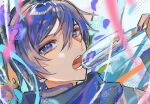 1boy ben-day_dots blue_eyes blue_hair blue_nails blue_scarf coat commentary_request double-parted_bangs food hair_between_eyes highres holding holding_food holding_popsicle kaito_(vocaloid) long_sleeves looking_at_viewer male_focus nail_polish nidu_(2du_du) open_mouth popsicle scarf screentones short_hair solo teeth tongue unfinished vocaloid white_coat 