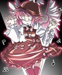  animal_ears beamed_sixteenth_notes closed_eyes dancing dress eighth_note gengorou gradient gradient_background hat musical_note mystia_lorelei pink_hair quarter_note short_hair solo thighhighs touhou wide_sleeves wings 