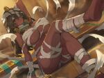  1girl ancient_egyptian arm_behind_head arm_up armlet armpit_crease bandage_over_one_eye bandaged_chest bandaged_head bandaged_leg bandages barefoot black_hair breasts commentary_request crossed_legs dark-skinned_female dark_skin feet gold_armlet hair_between_eyes huge_breasts jewelry lansane long_hair looking_at_viewer metal_hair_tubes mummy naked_bandage one_eye_covered original red_eyes sarcophagus sitting smile soles solo 