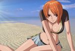  1girl beach breasts cleavage enies_lobby frown lying midriff nami nami_(one_piece) on_side one_piece orange_hair red_eyes sand short_hair skirt solo 