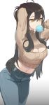  1girl ahoge allos arms_up bangs black_hair breasts brown_sweater bubble_blowing casual chewing_gum cleavage cleavage_cutout commentary_request cowboy_shot denim gradient gradient_background hair_between_eyes highres jeans large_breasts leaning_forward long_hair long_sleeves meme_attire navel open-chest_sweater original pants sidelocks solo stomach sweater white_background yellow_eyes 