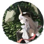  1girl absurdres arknights black_dress black_horns border breasts chinese_commentary commentary_request demon_girl demon_horns dress elbow_gloves fingerless_gloves foliage gloves gnnim4 highres horns large_breasts long_hair mudrock_(arknights) mudrock_(rubble)_(arknights) outdoors pointy_ears profile red_eyes rock round_border scenery solo upper_body white_border white_hair white_scard 