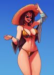  1girl absurdres adjusting_clothes adjusting_headwear bikini blue_background bracelet breasts brown_hair commentary cowboy_shot front-tie_bikini_top front-tie_top gold_bikini hat highres jewelry large_breasts long_hair navel open_mouth original raichiyo33 sideways_glance smile solo standing sun_hat sunglasses swimsuit teeth upper_teeth_only 