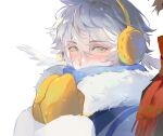  2boys alicevseliet arms_up blue_jacket blue_scarf blush brown_hair covered_mouth double-parted_bangs fur-trimmed_jacket fur-trimmed_sleeves fur_trim hair_between_eyes hashtag-only_commentary head_wings honkai:_star_rail honkai_(series) jacket looking_to_the_side male_focus mittens multiple_boys own_hands_together red_scarf scarf sideways_glance simple_background solo_focus sunday_(honkai:_star_rail) white_background white_fur wings winter_clothes yellow_mittens 