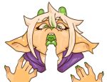  anthro aroused clothing colored_nails dragon dragon_horn erection female genitals green_eyes green_hair green_nails green_tongue hair hi_res holding_both_legs holding_both_thighs licking_tip long_ears looking_at_genitalia looking_at_penis male male/female mouth_shot multicolored_body mythological_creature mythological_scalie mythology nails open_mouth penis purple_clothing scalie sharp_teeth simple_background solo teeth tongue tvmob two_tone_body vicky_(tvmob) white_background white_hair 