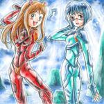  ayanami_rei blue_hair brown_eyes brown_hair busou_renkin crossover lowres muto_mahiro mutou_mahiro neon_genesis_evangelion plugsuit plugsuit(cosplay) plugsuit_(cosplay) scar soryu_asuka_langley tsumura_tokiko 