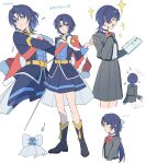  1girl :d aiguillette animalization arrow_(symbol) ascot belt belt_buckle blue_eyes blue_hair blue_jacket book bow bowtie buckle closed_mouth collared_shirt commentary_request cosplay cropped_legs cropped_torso curtained_hair epaulettes facing_ahead flower_symbol fur-trimmed_jacket fur_trim grey_jacket grey_skirt hair_ribbon half_updo hand_on_own_chest hand_up highres hiodoshi_ao holding holding_book hololive hololive_dev_is jacket jacket_on_shoulders long_hair long_sleeves looking_ahead looking_to_the_side medium_skirt miniskirt mole mole_under_mouth motion_lines multiple_views octopus_ornament open_clothes open_jacket open_mouth pleated_skirt red_bow red_bowtie red_jacket red_sash ribbon sash school_uniform seishou_music_academy_uniform shirt shirt_tucked_in shoujo_kageki_revue_starlight shoulder_sash sideways_glance simple_background single_horizontal_stripe skirt smear_frame smile sparkle standing striped_clothes striped_skirt sword translation_request turning_head unworn_bow waist_cape weapon white_ascot white_background white_bow white_shirt white_trim yagura_07maki yellow_belt yellow_trim 