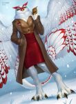 2026 absurd_res anthro avian beak biped bird bottomwear breasts claws clothed clothed_anthro clothed_female clothing coinn8 digital_drawing_(artwork) digital_media_(artwork) feathers feet female fingers front_view fully_clothed fully_clothed_anthro fully_clothed_female hi_res looking_at_viewer navel outside owl smile snow snowing solo standing tail toes topwear wings winter