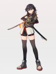  1girl ankle_boots asymmetrical_gloves black_boots black_capelet black_hair black_shorts black_sleeves black_thighhighs boots capelet fingerless_gloves fire full_body gloves green_eyes grey_background grey_gloves hair_ornament half_updo highres holding holding_sword holding_weapon katana kibashiba legs_apart long_hair looking_at_viewer mismatched_gloves original pyrokinesis sheath shirt shorts single_fingerless_glove smile solo standing sword thighhighs unsheathed weapon white_shirt x_hair_ornament 