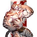  1boy abs animal_ears bara biceps black_male_underwear boxer_briefs boxers bulge cropped_legs facial_hair feet_out_of_frame furry furry_male hand_on_own_hip large_pectorals looking_at_viewer male_focus male_underwear mature_male muscular muscular_male navel navel_hair nipples orange_fur original pectorals short_hair solo stomach tail thick_arms thick_eyebrows thick_thighs thighs tiger_boy tiger_ears tiger_stripes tiger_tail topless_male underwear underwear_only white_fur wincalblanke 