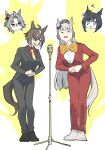  4girls animal_ears black_jacket black_pants black_shoes bow bowtie brown_hair brown_hat closed_eyes collared_shirt commentary_request eishin_flash_(umamusume) full_body gold_ship_(umamusume) grey_hair hat highres horse_ears horse_girl horse_tail jacket long_hair long_sleeves looking_at_another microphone_stand multicolored_hair multiple_girls necktie open_mouth orange_bow orange_bowtie own_hands_together pants pillbox_hat red_jacket red_pants red_shirt rose_kingdom_(umamusume) rulership_(umamusume) shirt shoes short_hair sketch sonabaija stand-up_comedy standing streaked_hair tail umamusume v-shaped_eyebrows white_shirt white_shoes yellow_necktie 