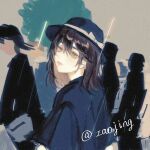  1girl black_capelet black_hat bow brown_eyes brown_hair capelet commentary english_commentary hat hat_bow jsnttzzj lips multiple_others rain shirt solo_focus touhou twitter_username usami_renko white_shirt 