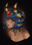  1girl absurdres ancient_egyptian ancient_egyptian_clothes bare_shoulders black_background blonde_streaks blue_eyes blue_hair chance8000 choker collarbone commentary_request cropped_shoulders curled_horns dark-skinned_female dark_skin fake_horns gem gold_choker headpiece highres horns looking_at_viewer multicolored_hair nose original parted_lips red_gem short_hair simple_background smile solo streaked_hair 