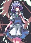  akiyasu between_fingers blue_eyes blue_hair braid card holding holding_card izayoi_sakuya knife maid maid_headdress one_eye_closed short_hair smile solo touhou twin_braids 