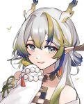  1girl :d arknights bare_shoulders beads blonde_hair blue_hair blush commentary dragon_girl dragon_horns earrings eyeliner green_eyes hair_between_eyes hand_on_own_ear highres horns jacket jewelry long_hair long_sleeves looking_at_viewer makeup multicolored_hair off_shoulder open_mouth orange_eyeliner pointy_ears portrait shu_(arknights) simple_background smile solo white_background white_hair white_jacket xia_bao_(wulalala) 