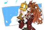  asuka_(junerabitts) bracelet forever_young_(umamusume) holding holding_trophy horse_girl jacket jewelry long_hair midriff ponytail ring sleeves_rolled_up sunglasses trophy umamusume upper_body 