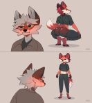 2026 anthro biped bottomwear butt canid canine claws clothed clothed_anthro clothed_female clothed_male clothing cordi countershade_torso countershading crouching digital_drawing_(artwork) digital_media_(artwork) duo eyes_closed feet female fingers fox front_view fully_clothed fully_clothed_anthro fully_clothed_female fur hair looking_at_another male mammal navel rear_view simple_background smile standing tail toes topwear