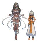  1boy 1girl ahoge ancient_egyptian armlet bandage_over_one_eye bandaged_chest bandaged_leg bandages barefoot black_hair blue_eyes braid breasts cleavage commentary_request dark-skinned_female dark_skin feet full_body gold_armlet grey_hair hair_between_eyes hands_on_own_hips height_difference highres jewelry lansane large_breasts long_hair looking_at_viewer mask metal_hair_tubes midriff mouth_mask mummy naked_bandage navel one_eye_covered orange_scarf original puffy_pants red_eyes scarf side_braid simple_background single_braid smile standing stomach thigh_gap toes white_background 