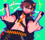  1boy :p absurdres ammunition_belt beanie black_eyes black_shirt chest_belt choker commentary cowboy_shot crossed_bangs demon_horns double-parted_bangs double_middle_finger english_commentary fake_horns from_below hair_between_eyes hat highres horns killer_chat! male_focus malibebou middle_finger necktie open_clothes open_shirt orange_necktie purple_hair ronin_(killer_chat) sharp_teeth shirt short_hair solo symbol-shaped_pupils teeth tongue tongue_out x-shaped_pupils 