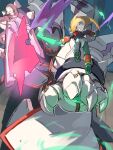  2boys absurdres armor battle blonde_hair commentary_request energy_sword helmet highres holding holding_sword holding_weapon long_hair male_focus mecha mega_man_(series) mega_man_zero_(series) mega_man_zero_3 multiple_boys omega_(mega_man) omochi_(mochi_skymega) red_armor red_helmet robot sword weapon white_armor white_helmet z_saber zero(z)_(mega_man) zero_(mega_man) 