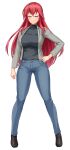  1girl arm_at_side black_shirt blue_pants blush breasts casual closed_eyes closed_mouth denim facing_viewer full_body game_cg grey_jacket hair_between_eyes hand_on_own_hip ikameshi_(nega96396) jacket jeans large_breasts large_variant_set legs_apart long_hair long_sleeves metis_(seisenki_iris) non-web_source official_art open_clothes open_jacket pants red_hair seisenki_iris self-datamine shirt shoes smile solo standing tachi-e transparent_background turtleneck variant_set 
