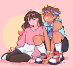 1boy 1girl black_hair black_pantyhose black_shorts blue_hoodie blunt_bangs blush brown_eyes brown_hair felicie_(killer_chat) grin headband hetero hood hood_down hoodie killer_chat! looking_at_another luca_(killer_chat) malibebou multicolored_hair pantyhose pink_hair pink_sweater shoes shorts sleeveless sleeveless_hoodie smile sneakers socks squatting sweater tan two-tone_hair white_shorts white_socks 