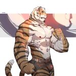  1boy abs animal_ears bara black_male_underwear boxer_briefs boxers bulge facial_hair feet_out_of_frame from_side furry furry_male goatee large_pectorals looking_at_viewer looking_to_the_side male_focus male_underwear mature_male muscular muscular_male navel nipples orange_fur original pectorals short_hair solo stomach tail thick_eyebrows thick_thighs thighs tiger_boy tiger_ears tiger_stripes tiger_tail topless_male underwear underwear_only white_fur wincalblanke 