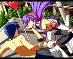  1girl accident artist_request clannad crash dutch_angle food food_in_mouth fujibayashi_kyou ground_vehicle hikarizaka_private_high_school_uniform late_for_school long_hair motor_vehicle mouth_hold okazaki_tomoya purple_eyes purple_hair road_sign school_uniform scooter sign thighhighs toast toast_in_mouth zettai_ryouiki 