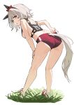  1girl absurdres adjusting_buruma adjusting_clothes animal_ears ass bent_over blush bow breasts buruma commentary_request curren_chan_(umamusume) ear_bow ear_covers faux_figurine from_behind hand_on_own_thigh highres horse_ears horse_girl horse_tail kneepits looking_at_viewer looking_back medium_breasts no_shirt o-ring open_mouth purple_eyes race_bib red_bow red_buruma red_shoes shoes short_hair sideboob simple_background socks solo standing sweat tail tail_through_clothes thighs umamusume white_background white_socks yin_lan- 