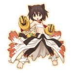  1girl animal_ears bare_shoulders barefoot belt black_belt black_hair black_pants brown_eyes cat_ears cat_girl championship_belt chest_sarashi clothes_around_waist flame_print flat_chest full_body gauntlets jewelry leg_wrap legs_apart looking_at_viewer midriff navel necklace official_artist_extra open_mouth pants pearl_necklace print_shirt ragnarok_online sarashi shirt shirt_around_waist short_hair simple_background solo standing sura_(ragnarok_online) unworn_belt white_background white_shirt yuichirou 