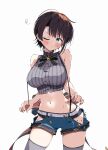  1girl absurdres averting_eyes back_bow black_bow black_bowtie black_panties blue_eyes blue_shorts blush bow bowtie braid breasts brooch brown_hair buttons clothing_cutout commentary contrapposto crop_top cropped_shirt facing_viewer grey_shirt grey_thighhighs groin hair_ornament hairclip high_collar highres hip_vent hololive jewelry kuno_(kc9s) large_bow large_breasts legs_apart looking_to_the_side lowleg lowleg_shorts missing_headwear narrow_waist navel no_jacket official_alternate_costume official_alternate_hairstyle one_eye_closed oozora_subaru oozora_subaru_(suspenders) panties panty_peek shiny_skin shirt short_hair short_shorts shorts side_braid sideways_glance signature simple_background sleeveless sleeveless_shirt small_sweatdrop solo star_brooch striped_clothes striped_shirt suspenders suspenders_pull swept_bangs thighhighs underwear vertical-striped_clothes vertical-striped_shirt virtual_youtuber white_background wide_hips 