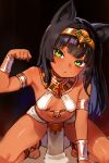  1girl :/ animal_ears ankh arm_support armlet barefoot black_hair blue_hair blunt_bangs bracer breasts brown_egyptian_cat-eared_loli_(trend) cat_ears cat_girl check_commentary circlet closed_mouth colored_inner_hair commentary_request dark-skinned_female dark_skin feet green_eyes hand_up highres jewelry kneeling long_hair looking_at_viewer multicolored_hair original paw_pose pelvic_curtain seafoodisgood087 small_breasts solo toes two-tone_hair usekh_collar 