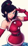  1girl :p absurdres artist_name bare_shoulders belt black_hair blue_eyes breasts brown_belt chimi_(raichiyo33) choker commentary dress elbow_gloves english_commentary fur-trimmed_dress fur-trimmed_gloves fur_trim gloves hair_ornament highres lamia looking_at_viewer medium_breasts monster_girl original raichiyo33 red_choker red_dress red_gloves salute santa_costume santa_dress solo strapless strapless_dress tongue tongue_out white_background 