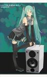  ;) aqua_hair aqua_neckwear black_footwear boots character_name collared_shirt copyright_name detached_sleeves green_eyes grey_shirt hair_between_eyes hatsune_miku headset long_hair looking_at_viewer miniskirt necktie number_tattoo one_eye_closed pleated_skirt shirt shoulder_tattoo skirt smile solo speaker strap tattoo thigh_boots thighhighs twintails very_long_hair vocaloid yoshito 