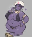  1girl bangle belly bindi bracelet breast_curtains breasts colored_skin commentary_request covered_nipples fat fellatio_gesture genie genie_(siva-siva) gold_thong grey_background hands_on_own_hips huge_breasts jewelry long_pointy_ears lowres navel neck_ring no_sclera oil_lamp original pointy_ears purple_skin simple_background siva-siva turban white_turban yellow_eyes 