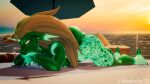16:9 anthro beach bioluminescence blender_(artwork) digital_media_(artwork) dragon female ghost glowing green_body hair hi_res long_hair mythological_creature mythological_scalie mythology scalie sea sevan_(warfaremachine) solo spirit sunset umbrella water widescreen wonderfox712