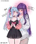  2girls black_choker black_dress blue_hair blush breasts choker cleavage commentary cowboy_shot detached_sleeves dress ear_blush english_commentary english_text eye_contact fern_(sousou_no_frieren) fishnets hair_ornament hair_ribbon half_updo hands_on_another's_arm hands_up heart heart_hair_ornament highres large_breasts long_hair long_shirt long_sleeves looking_at_another looking_to_the_side loving_aura mole mole_on_breast multicolored_hair multiple_girls nixeu no_pants nose_blush oc_x_canon original pink_ribbon pink_sleeves pointy_ears purple_eyes purple_hair red_eyes ribbon shirt short_dress simple_background sleeveless sleeveless_dress sousou_no_frieren spaghetti_strap standing streaked_hair twitter_username very_long_hair white_background white_shirt yuri 