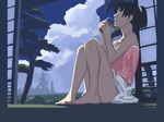  bare_shoulders barefoot black_hair copyright_request cup drinking drinking_glass looking_up muted_color ponytail short_hair sitting sitting_in_window solo takamichi tree window 