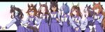  6+girls ahoge animal_ears black_hair blue_eyes blue_hair blush bow bowtie braid breasts brown_hair buena_vista_(umamusume) cesario_(umamusume) checkered_hairband closed_eyes closed_mouth commentary_request crown_braid daring_heart_(umamusume) daring_tact_(umamusume) dark-skinned_female dark_skin ear_bow ear_covers earrings epiphaneia_(umamusume) hair_between_eyes hair_ornament hairband half_up_braid hands_on_own_hips highres hiro_(pqtks113) holding_hands horse_ears horse_girl horse_tail jewelry long_hair long_sleeves maruzensky_(umamusume) medium_hair multicolored_hair multiple_girls open_mouth pleated_skirt ponytail purple_eyes purple_sailor_collar purple_serafuku purple_shirt purple_skirt sailor_collar sailor_shirt school_uniform serafuku shirt short_hair single_earring skirt smile special_week_(umamusume) star_(symbol) star_hair_ornament streaked_hair symboli_kris_s_(umamusume) tail tracen_school_uniform two-tone_hair umamusume umamusume_horse_relations white_bow white_bowtie white_hair 