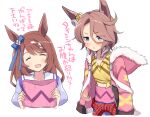  2girls :d ^_^ animal_ears blue_eyes blue_pants blush braid brown_hair closed_eyes clothes_around_waist commentary_request eyes_visible_through_hair fur-trimmed_hood fur_trim hair_between_eyes hood hood_down hooded_jacket horse_ears horse_girl horse_tail jacket long_hair multiple_girls narita_taishin_(nevertheless)_(umamusume) narita_taishin_(umamusume) odawara_hakone pants parted_lips pink_jacket shirt simple_background smile super_creek_(umamusume) tail translation_request umamusume v-shaped_eyebrows white_background yellow_shirt 