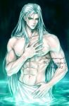  1boy abs black_background closed_mouth commentary english_commentary final_fantasy final_fantasy_vii final_fantasy_vii_remake green_eyes grey_hair hand_on_own_chest highres long_hair looking_at_viewer male_focus monsterbf1ilove muscular muscular_male naked_towel partially_submerged pectorals sephiroth solo topless_male towel twitter_username upper_body water 