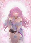  1girl bare_shoulders black_shorts breasts cleavage commentary corset elf elysia_(herrscher_of_human:_ego)_(honkai_impact) elysia_(honkai_impact) hair_ornament highres honkai_(series) honkai_impact_3rd kipuru large_breasts long_hair looking_at_viewer pink_hair pointy_ears purple_eyes short_shorts shorts solo thighs triquetra very_long_hair white_corset 