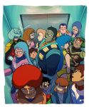  4girls 6+boys afro amuro_ray aoki_ryuusei_spt_layzner blonde_hair blue_hair brain_powered brown_hair burn_burnings char_aznable closed_mouth commentary company_connection cosmo_yuki crossed_arms crossover crusher_joe densetsu_kyojin_ideon dirty_pair elevator elizabeth_clabery epaulettes five_star_stories frown gotou_kiichi gundam haro helmet highres jin_kappei jiron_amos katz_howan kidou_keisatsu_patlabor ladios_sopp long_hair mobile_suit_gundam multiple_boys multiple_girls muteki_choujin_zambot_3 newtype_flash open_mouth orange_hair seisenshi_dunbine sentou_mecha_xabungle shinpostboy short_hair small_sweatdrop smile sunglasses sunrise_(company) talos_(crusher_joe) uso_ewin utsumiya_hime victory_gundam yuri_(dirty_pair) zeta_gundam 