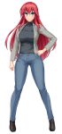  1girl arm_at_side black_shirt blue_eyes blue_pants blush breasts casual closed_mouth denim frown full_body game_cg grey_jacket hair_between_eyes hand_on_own_hip ikameshi_(nega96396) jacket jeans large_breasts large_variant_set legs_apart long_hair long_sleeves looking_at_viewer metis_(seisenki_iris) non-web_source official_art open_clothes open_jacket pants red_hair seisenki_iris self-datamine shirt shoes solo standing tachi-e transparent_background turtleneck variant_set very_long_hair 