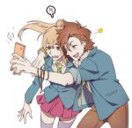  1boy 1girl :d blue_jacket bracelet brown_hair brown_pants cellphone chidouin_sara collared_shirt commentary_request green_necktie grey_shirt hair_ornament hairpin hand_on_another's_shoulder high_ponytail jacket jewelry kimi_ga_shine kneehighs light_blush long_hair long_sleeves medium_hair necktie one_eye_closed open_clothes open_jacket open_mouth orange_hair pants peonrin phone pink_skirt pocket ponytail purple_socks selfie shirt skirt smile socks speech_bubble spiked_hair star_(symbol) surprised tazuna_joe white_background 