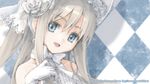  artist_name blonde_hair blue_eyes bonnet bow checkered checkered_background flower frills gloves hat hat_flower konoe_ototsugu lolita_fashion long_hair original rose solo sweet_lolita watermark web_address white_flower white_gloves white_rose 