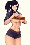  1girl absurdres artist_name belt black_hair black_shirt black_shorts blowing_kiss breasts brown_belt censored character_censor character_request clothes_lift collared_shirt commentary cowboy_shot english_commentary final_fantasy final_fantasy_vii final_fantasy_vii_rebirth final_fantasy_vii_remake highres large_breasts lifting_own_clothes looking_at_viewer navel novelty_censor ponytail puckered_lips raichiyo33 red_eyes shirt shirt_lift short_shorts shorts sidelocks sideways_glance simple_background solo standing stomach tifa_lockhart tifa_lockhart_(majestic_glamour) white_background 